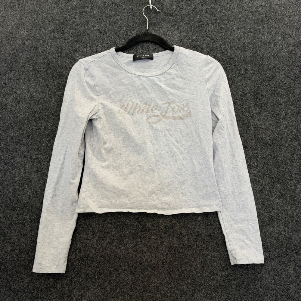White Fox Boutique Heather Grey Long Sleeve Logo Crop Top Womens Medium